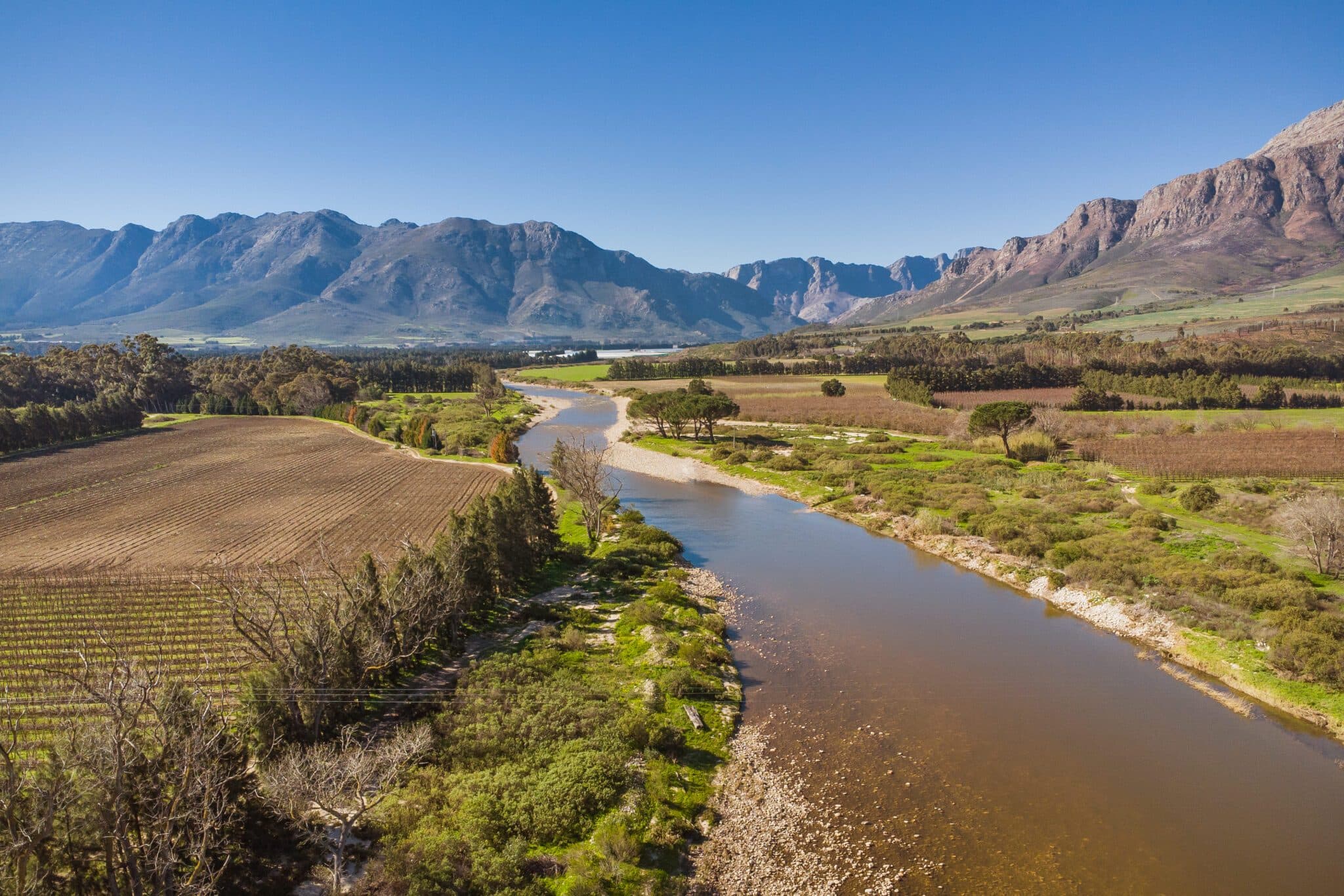 The Breede River winding through the Wolseley valley, mountains beyond